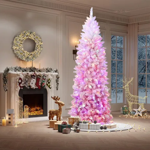 Vista 8 de Árbol de Navidad de lápiz flocado de nieve de 6 pies con degradado azul, árbol de Navidad artificial delgado en soporte de metal resistente