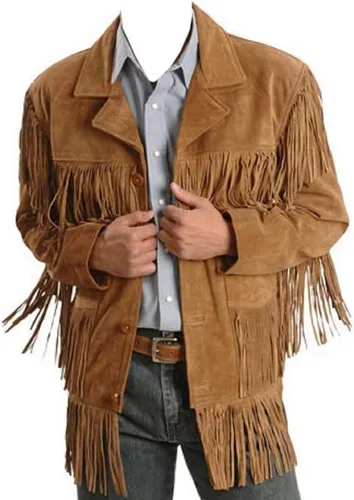 Vista 5 de Chaqueta de cuero de gamuza real estilo occidental para la venta de abrigos nativos americanos con flecos