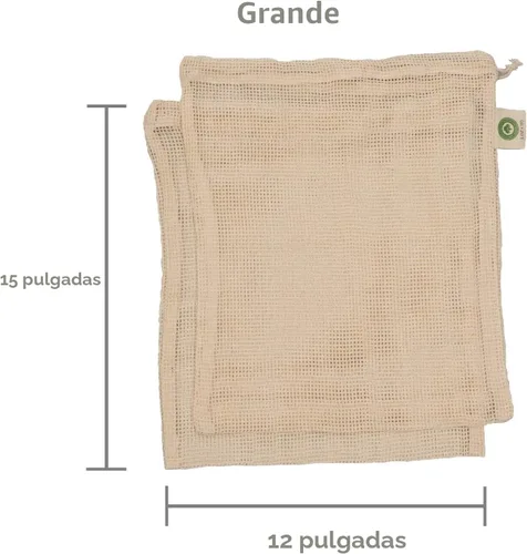 Vista 5 de Bolsas reutilizables de malla de algodón para productos – 100% algodón orgánico, duraderas, doble costura, lavables con peso de tara y cordón