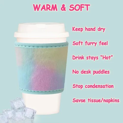 Vista 3 de Funda de terciopelo de felpa suave reutilizable para café caliente, resistente al calor, de neopreno mullido, acogedora para bebidas heladas
