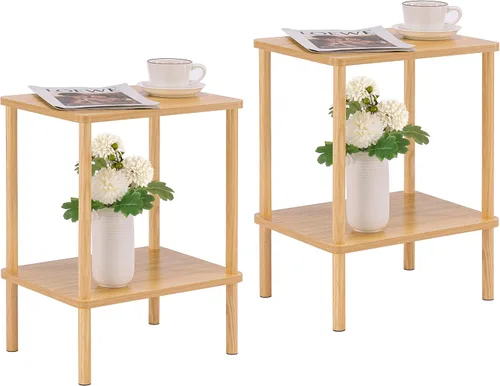Vista 18 de Apicizon - Mesa auxiliar de 2 niveles, pequeña mesa auxiliar con patas de madera maciza, mesa de noche estilo boho con estante de almacenamiento