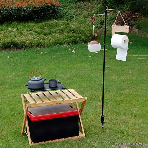 Vista 7 de Soporte para linterna de campamento, aleación de aluminio, colgador de lámpara plegable con bolsa de almacenamiento, poste de lámpara plegable