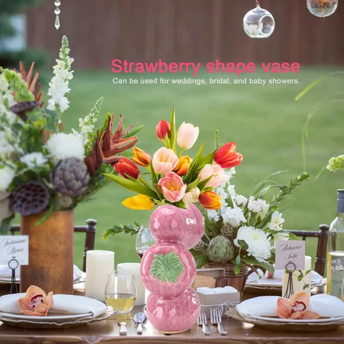 Vista 5 de Firlar Florero de cerámica con diseño de fresas para flores, decorativo, moderno, rosa, redondo, 4 x 3 x 8 pulgadas, boda, Navidad, regalo del día