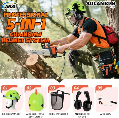 Vista 2 de Casco de motosierra con protector facial y orejeras, casco de arborista ventilado con protección auditiva y máscara de malla completa, casco Kit