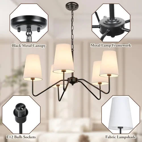 Vista 6 de Candelabro moderno de 5 luces de 30 pulgadas con pantallas blancas, lámpara colgante clásica para comedor, lámpara negra con base E12 lámpara