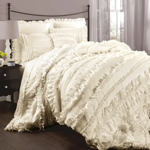 Vista 8 de Lush Decor Belle - Juego de cama de 4 piezas con falda de cama y 2 fundas de almohada, juego de edredón King, color blanco