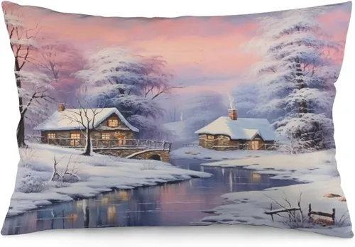 Vista 9 de Funda de almohada con escena de pueblo navideño con niños, fundas de almohada de 12 x 20 pulgadas, almohadas decorativas de Navidad para sofá, funda