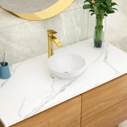 Vista 2 de Lordear 13x13 Fregadero Pequeño Redondo de Baño Moderno en Blanco, Fregadero de Cerámica de Porcelana Blanca sobre Encimera, Fregadero de Arte