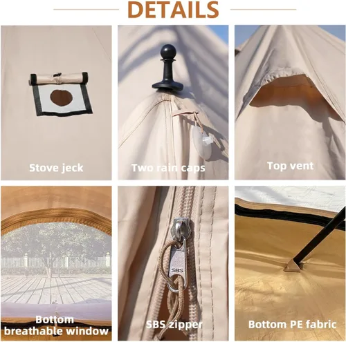 Vista 6 de Tienda de campaña Bell Yurt con gato de estufa, tienda de campaña de lujo impermeable para 4 estaciones, tela Oxford 420D, tiendas de campaña verde