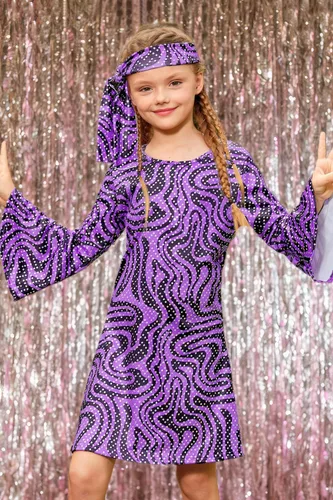 Vista 4 de BesserBay Vestido de baile de lentejuelas con lentejuelas y diadema para niña de los años 70, de 4 a 14 años