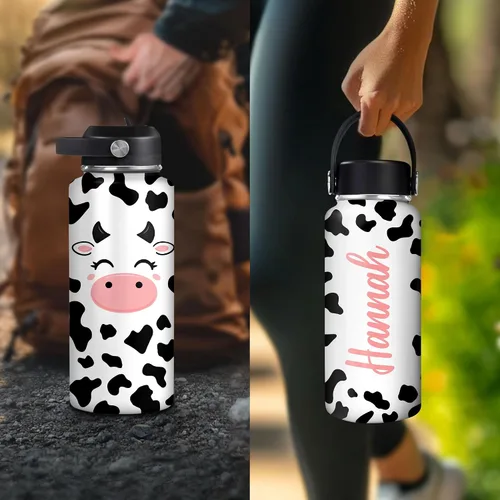 Vista 6 de Hyturtle Botella de agua personalizada de vaca, botella de acero inoxidable aislada con tapa a prueba de fugas, 18 onzas, 32 onzas, regalo