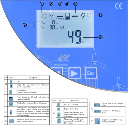 Vista 3 de Controlador híbrido solar de viento MPPT de 12 V/24 V, controlador de carga de energía LCD de 200 W-600 W con carga de volcado, generador de turbina