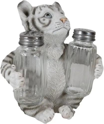 Vista 5 de Ebros Gift Selva tropical selva tropical Albino Blanco Bengala Tiger Cub Hugging Salero y Pimentero Estatua Depredador Tigres del Bosque Gatos