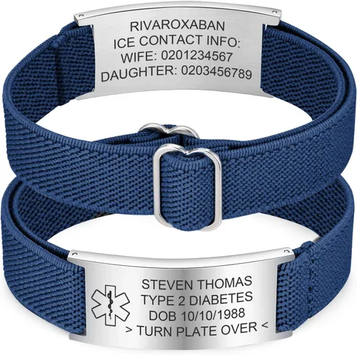 Vista 12 de Pulsera de alerta médica personalizada para hombres - Pulseras de identificación de acero inoxidable con correa elástica personalizada grabada