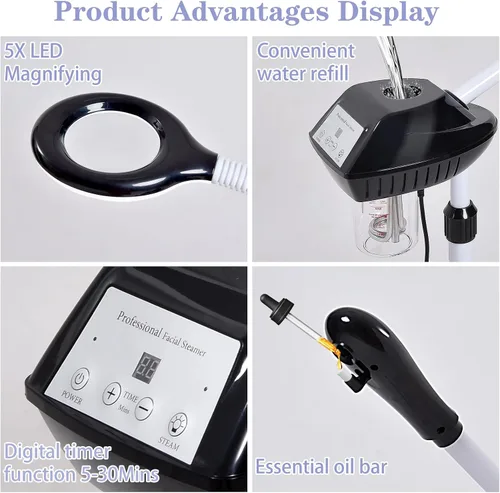 Vista 5 de Vaporizador facial profesional, vaporizador facial 2 en 1 con lámpara de aumento 5X para limpieza profunda e hidratación, vaporizador facial sobre