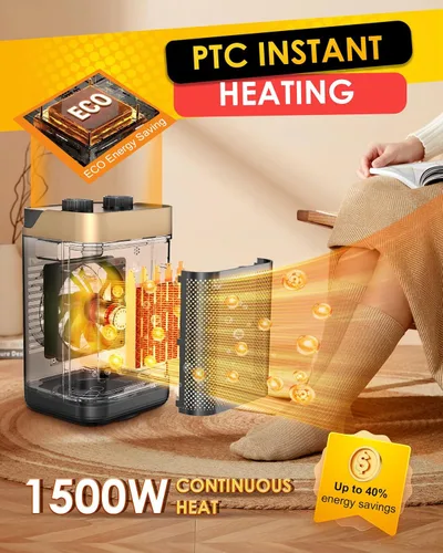 Vista 3 de Calentador de espacio 2024, calentador eléctrico de cerámica con oscilación de 90° de 1500 W, sobrecalentamiento y protección contra vuelcos, 3