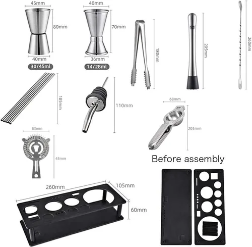 Vista 4 de Juego de coctelera de 17 piezas, kit de barman perfecto para mezclar bebidas, herramientas de barra de acero inoxidable con soporte