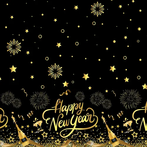 Vista 4 de HOWAF Paquete de 3 manteles de decoración de fiesta de Año Nuevo, mantel de feliz año nuevo negro y dorado para suministros de fiesta de Noticias