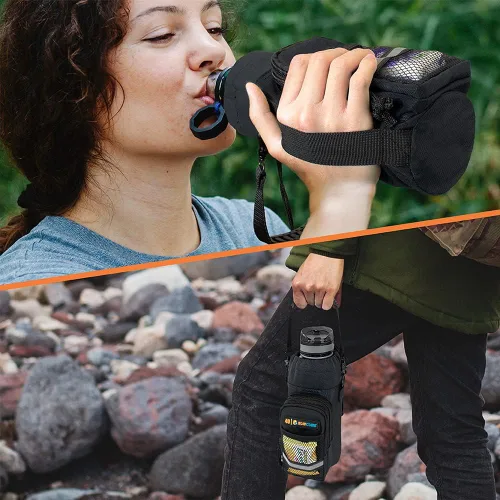 Vista 5 de SUN CUBE Portabidón de agua con correa, bolsa aislada para botella de agua con bolsillo para teléfono, soporte cruzado para botella para caminar