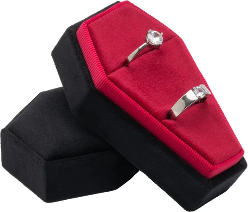 Vista 8 de Caja de anillo de terciopelo con forma de ataúd para decoración gótica de boda, ceremonia de boda, organizador de joyas (negro)