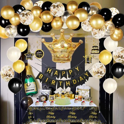 Vista 5 de Decoraciones de cumpleaños en negro y dorado para hombres y mujeres, decoraciones de fiesta en negro y dorado incluyen corona, remolinos colgantes