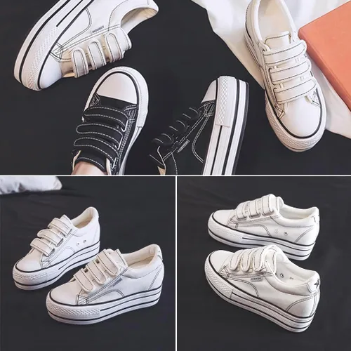 Vista 7 de Womens Platform Shoes Hidden Wedge 3 Inches Height Increase, Hook and Loop Walking Shoe, Strap Canvas Sneakers High Heel White Black Fashion