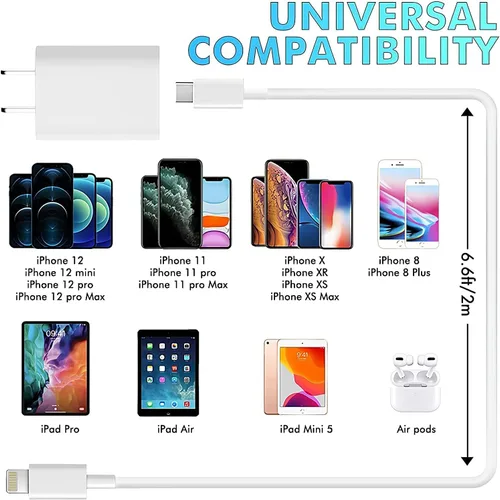 Vista 6 de Cargador rápido para iPhone 20W PD USB-C Cargador de pared Cable de 6 pies Certificado MFi de Apple, compatible con iPhone 14/14 Pro/14 Pro Max/14