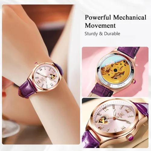Vista 3 de RORIOS Reloj mecánico automático para mujer, reloj automático con correa de piel, luminoso, para mujer