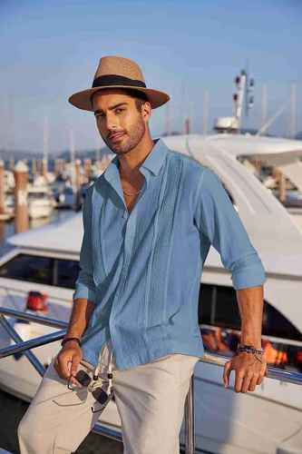 Vista 4 de COOFANDY Camisas de guayabera cubana para hombre, de manga larga, informal, con botones, de algodón, para la playa