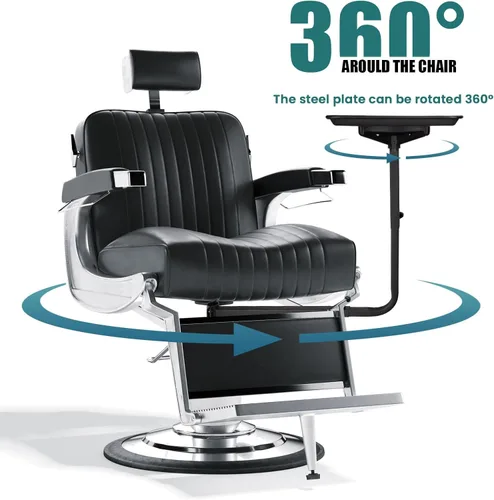 Vista 5 de Noverlife Bandeja de metal para salón unida a la silla, bandeja de silla de peluquería de rotación de 360 grados para herramientas de peluquería