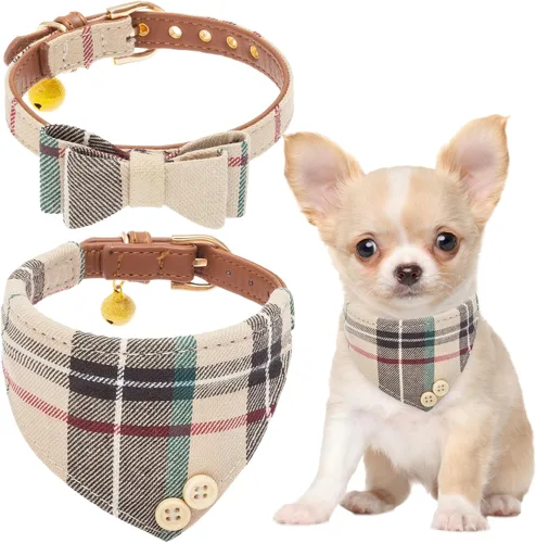 Vista 31 de EXPAWLORER Juego de collar y correa para cachorros, collar clásico a cuadros para perros pequeños con corbatín, bonito juego de collar y correa