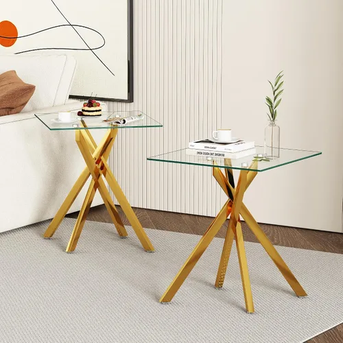 Vista 12 de Mesa auxiliar moderna de cristal, mesa auxiliar cuadrada para sofá, mesa auxiliar negra con parte superior de vidrio templado transparente y patas