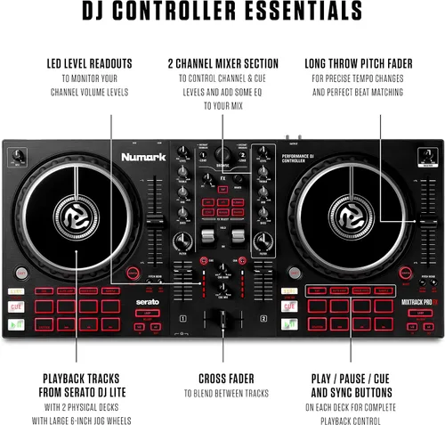 Vista 4 de Paquete de controlador DJ e interfaz DMX - Juego de DJ de 2 cubiertas con ruedas táctiles capacitivas y interfaz de audio - Numark Mixtrack Pro FX e