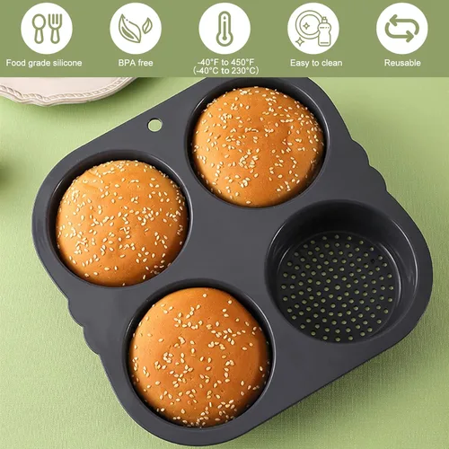 Vista 10 de Molde de silicona para bollo de hamburguesa con 4 cavidades, molde antiadherente para panecillos de hamburguesas flexible, fácil de liberar, lavable