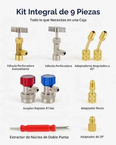 Vista 3 de Kit de herramientas de adaptador de CA OMT, 9 piezas R134a y R410a calibre
