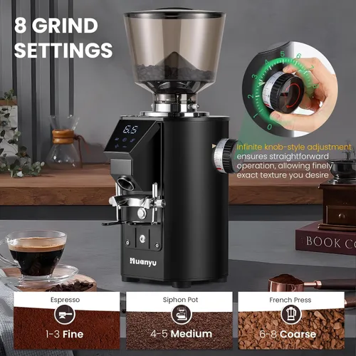 Vista 7 de Huanyu Molinillo de café comercial - Control de pantalla táctil, 8 ajustes de molienda, rebaba plana de 2.520 in, modos de dosificación dual
