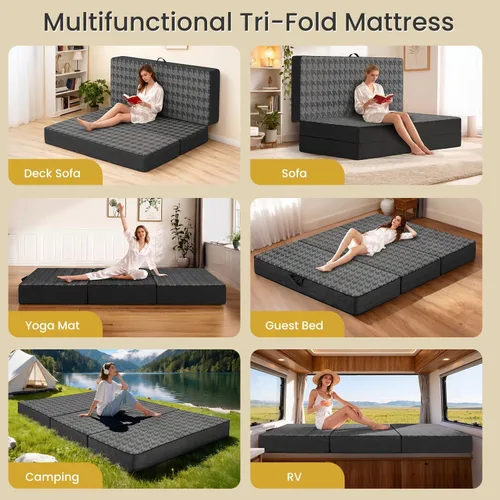 Vista 6 de Colchón triple plegable tamaño matrimonial – Colchón plegable de espuma viscoelástica de doble capa de 6 pulgadas, sofá cama portátil con funda