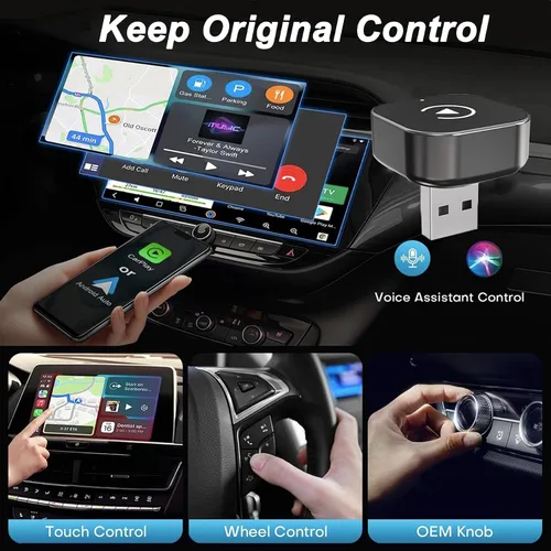 Vista 4 de Adaptador inalámbrico CarPlay y Android Auto con cable CarPlay a dispositivo inalámbrico, mini en forma de T 2 en 1 para auto USB Plug and Play Auto
