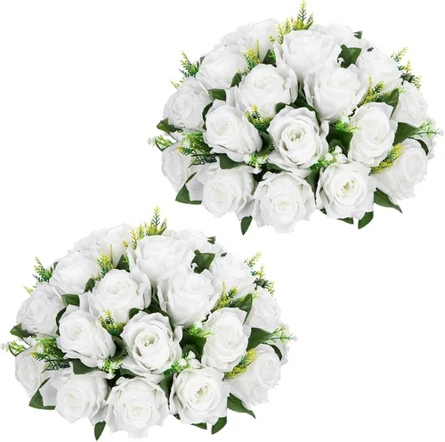 Vista 14 de Briful Bolas de flores artificiales para centros de mesa, 2 piezas de 8.6 pulgadas, arreglo floral de rosas de seda con base de plástico, ramo Azul