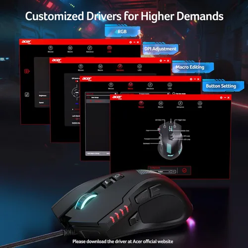 Vista 6 de acer Ratón para juegos con cable, mouse ergonómico RGB de 12,800 DPI con sensor óptico, 8 botones programables, 12 modos retroiluminados, software