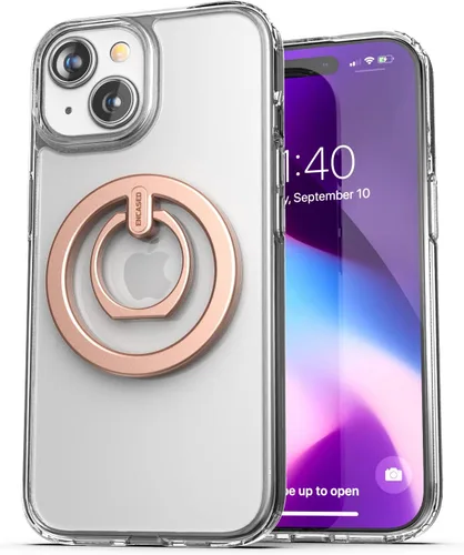 Vista 6 de ENCASED Funda de anillo para iPhone 15 (2023) con agarre magnético para dedos, soporte para teléfono (compatible con MagSafe), color oro rosa