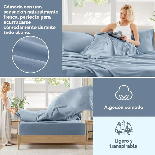 Vista 5 de Comfort Spaces Juego de sábanas 100% algodón transpirable, ligero, suave, con bolsillo elástico de 12 pulgadas que se adapta a colchones de hasta 14