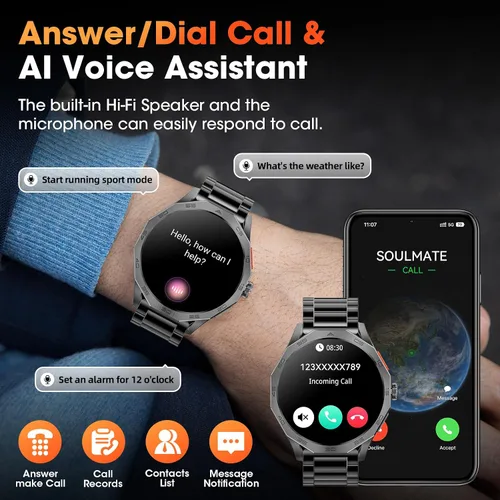 Vista 8 de Reloj inteligente militar para hombre, pantalla HD Ultra de 1.85 pulgadas, pantalla táctil, batería de 710 mAh, relojes inteligentes para Android