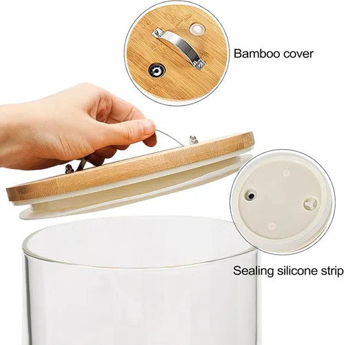 Vista 6 de Dispensador de arroz de 5 L, cubo de vidrio dispensador de granos, dispensador de cereales para cocina y organización de despensa, recipiente grande