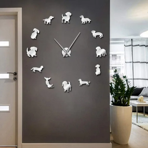 Vista 9 de Gran 3D DIY Dachshund Reloj de pared sin marco con efecto espejo (negro)