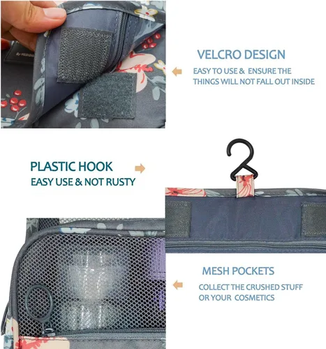 Vista 5 de Neceser portátil para viajes, con gancho, impermeable, organizador de maquillaje, cosmetiquero para mujeres y niñas, Flores grises profundas.)