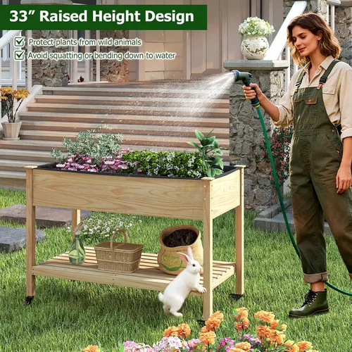 Vista 3 de Giantex Cama de jardín elevada móvil, maceta de madera con ruedas, estante de almacenamiento y forro, cama elevada enrollable de 47 x 23 x 33