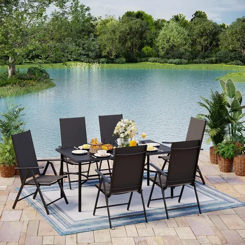 Vista 7 de MIXPATIO Juego de comedor de patio de 7 piezas, juego de muebles para exteriores con mesa de comedor rectangular de metal con revestimiento Negro