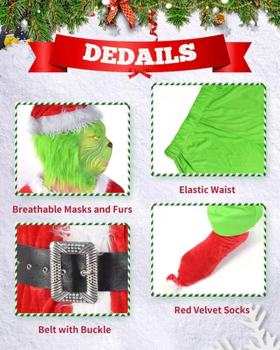 Vista 5 de OGETFUUR Disfraz de monstruo verde para adultos, disfraz de Papá Noel para mujeres y hombres, disfraces de Halloween para adultos