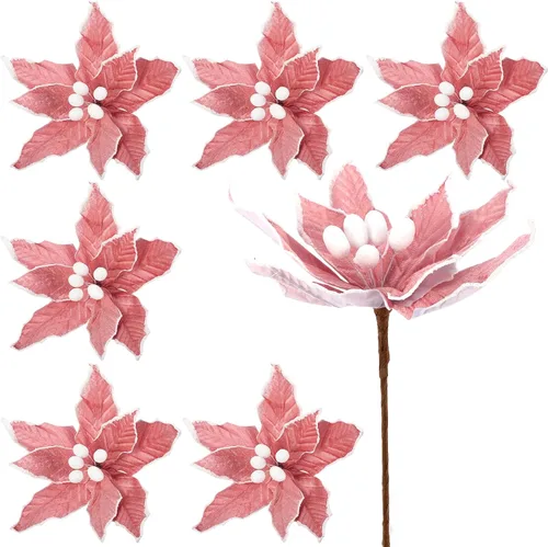Vista 17 de Zeyune 6 Piezas Flores de Pascua Azules de Navidad Artificiales Grandes Espinas de Pascua Falsas Flores de Franela con Borde Helado para Adornos